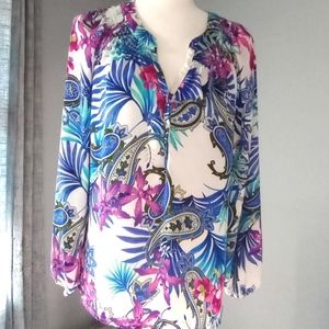 Investments Petites Blue Purple Bohemian Scoop Neck Women's Blouse Top Size PL